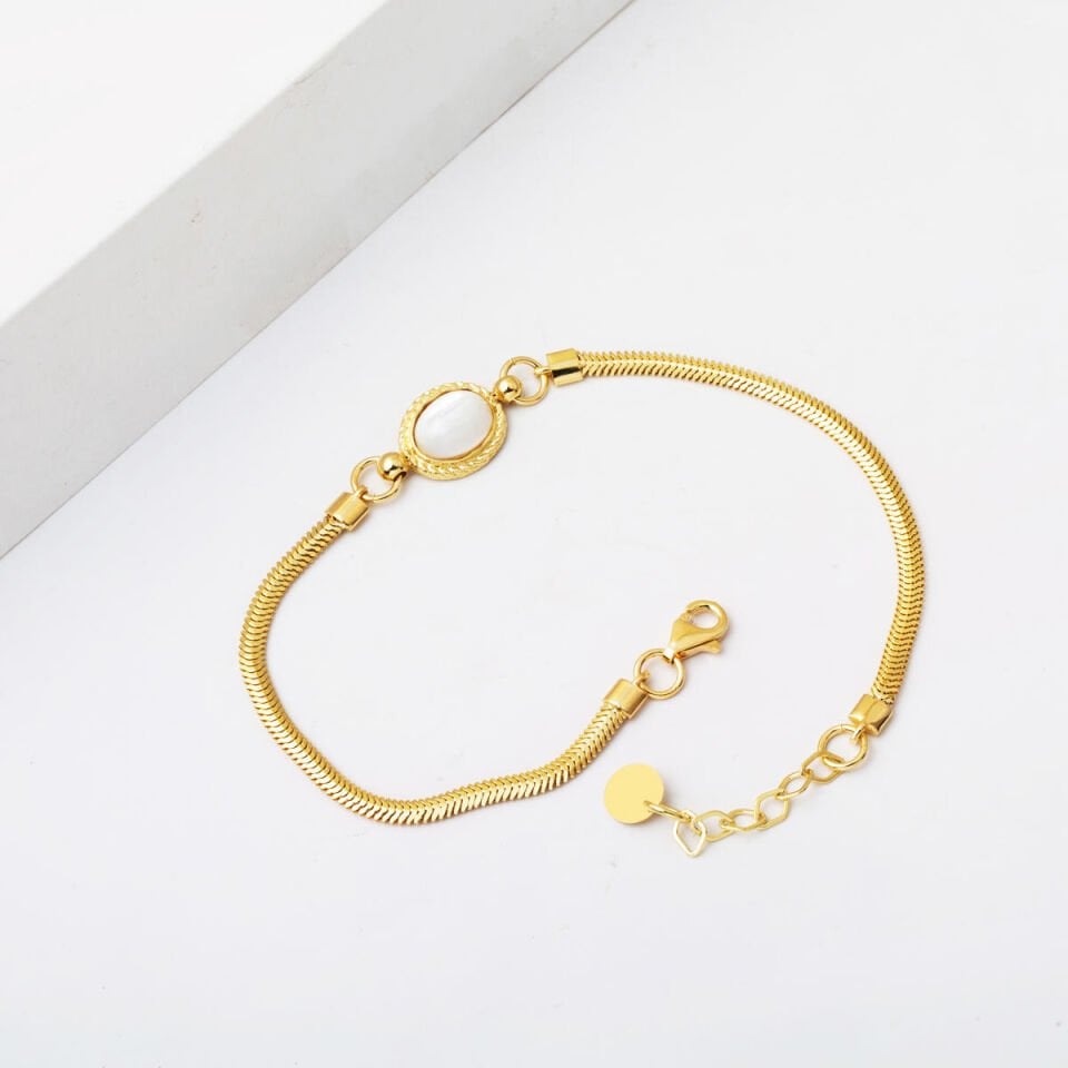 Beyaz Opal Taşlı 14 Ayar Balıksırtı Bileklik