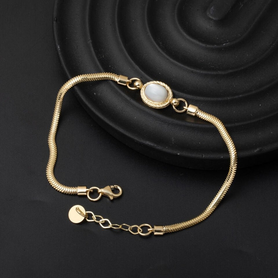 Beyaz Opal Taşlı 14 Ayar Balıksırtı Bileklik