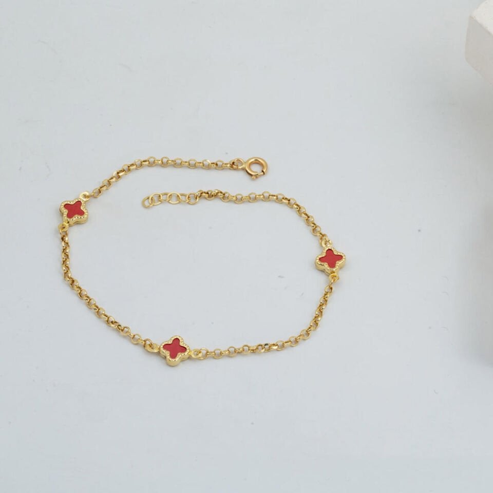 Kırmızı Yonca 14 Ayar Altın Spor Bileklik
