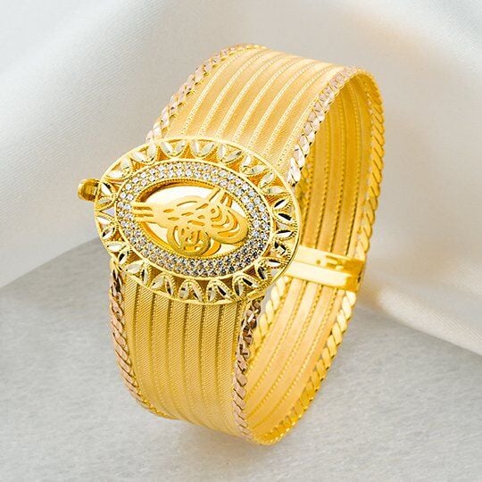 Tuğralı Taşlı Hasır Altın Bilezik