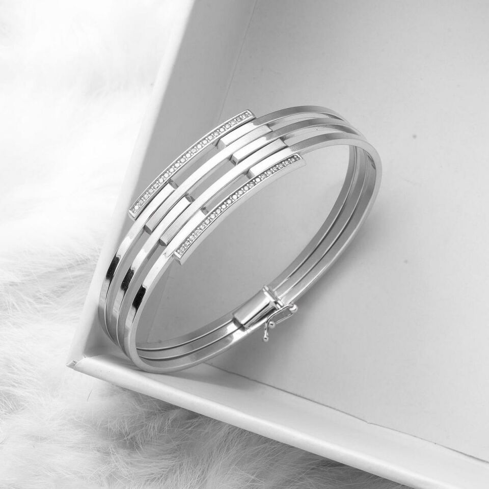 3 Sıra Kollu Kaburga Beyaz Altın Bilezik