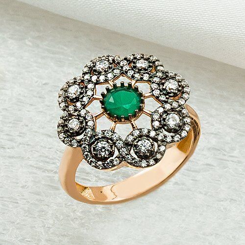 Yeşil Taşlı 14 Ayar Rose Altın Yüzük