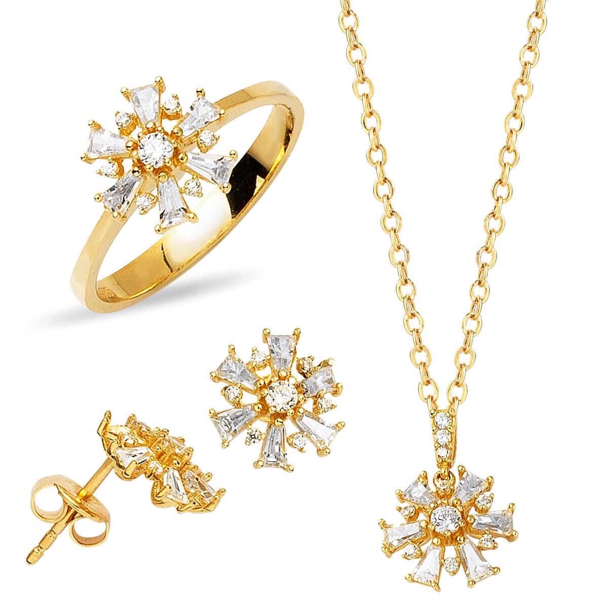 Baget Taşlı Kar Tanesi Altın Takı Seti