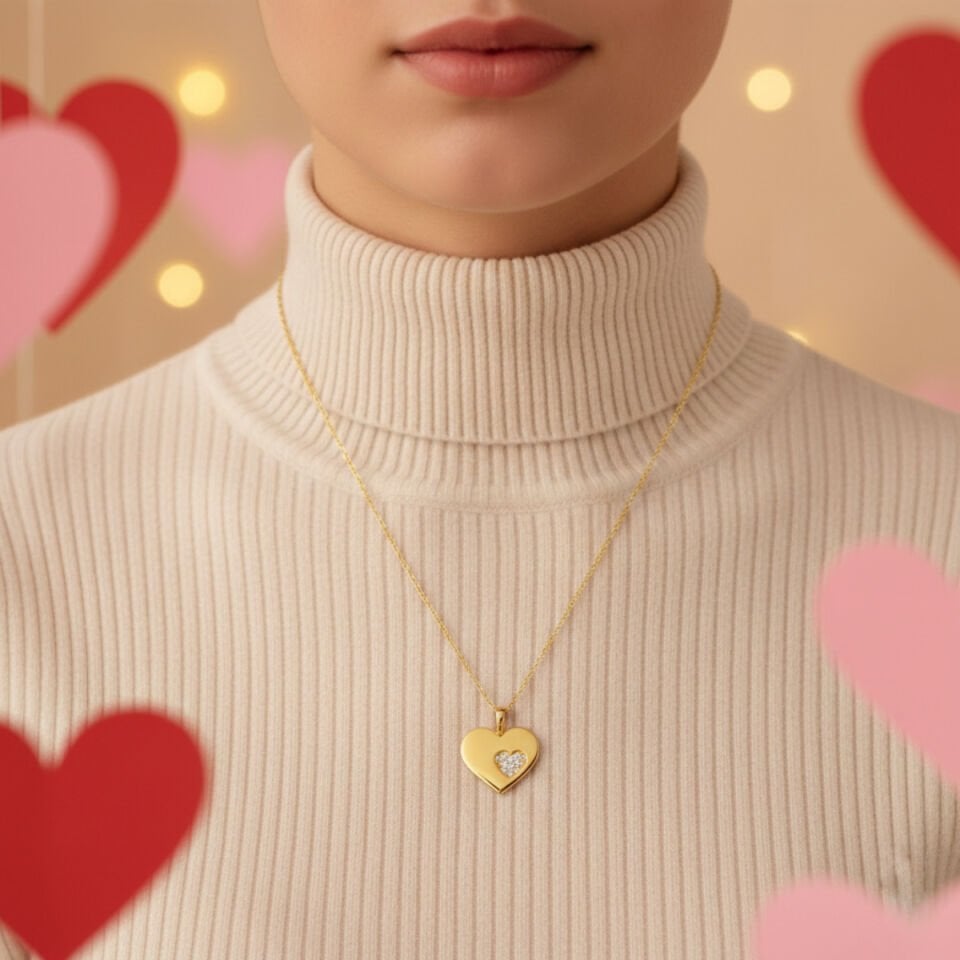 Taşlı Kalp Altın Kolye Zincirli