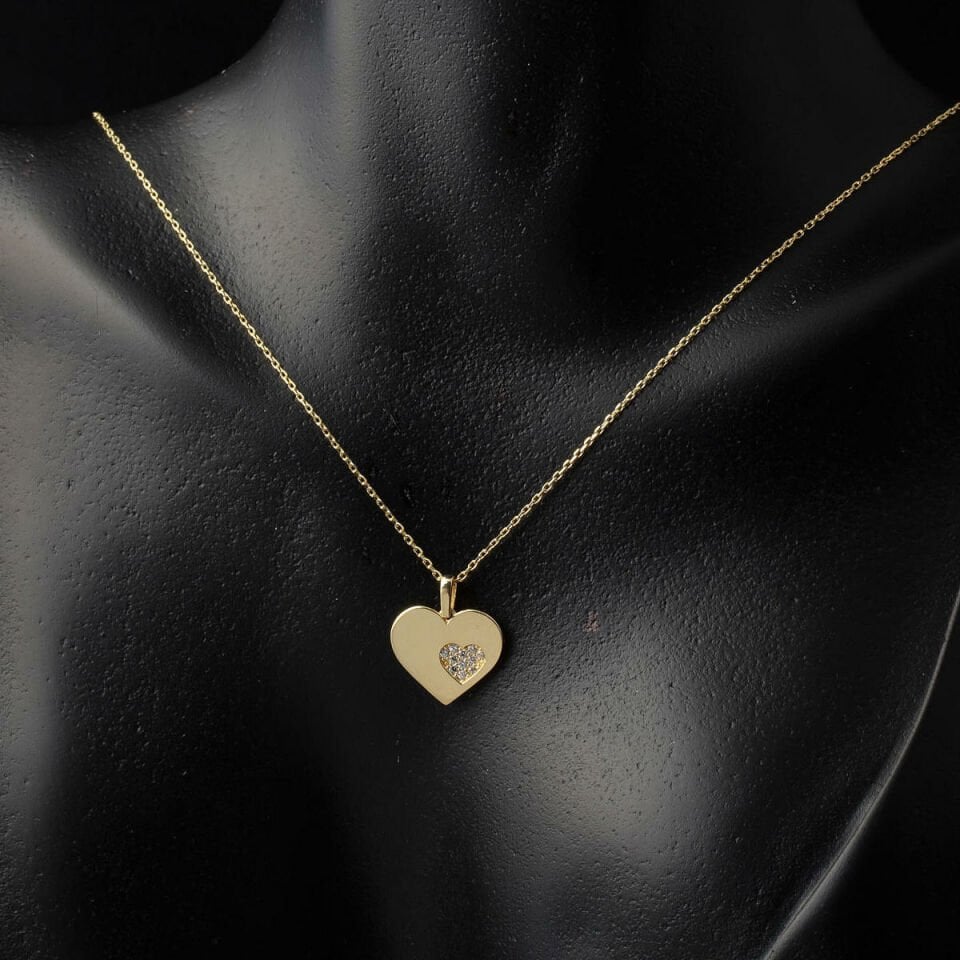 Taşlı Kalp Altın Kolye Zincirli