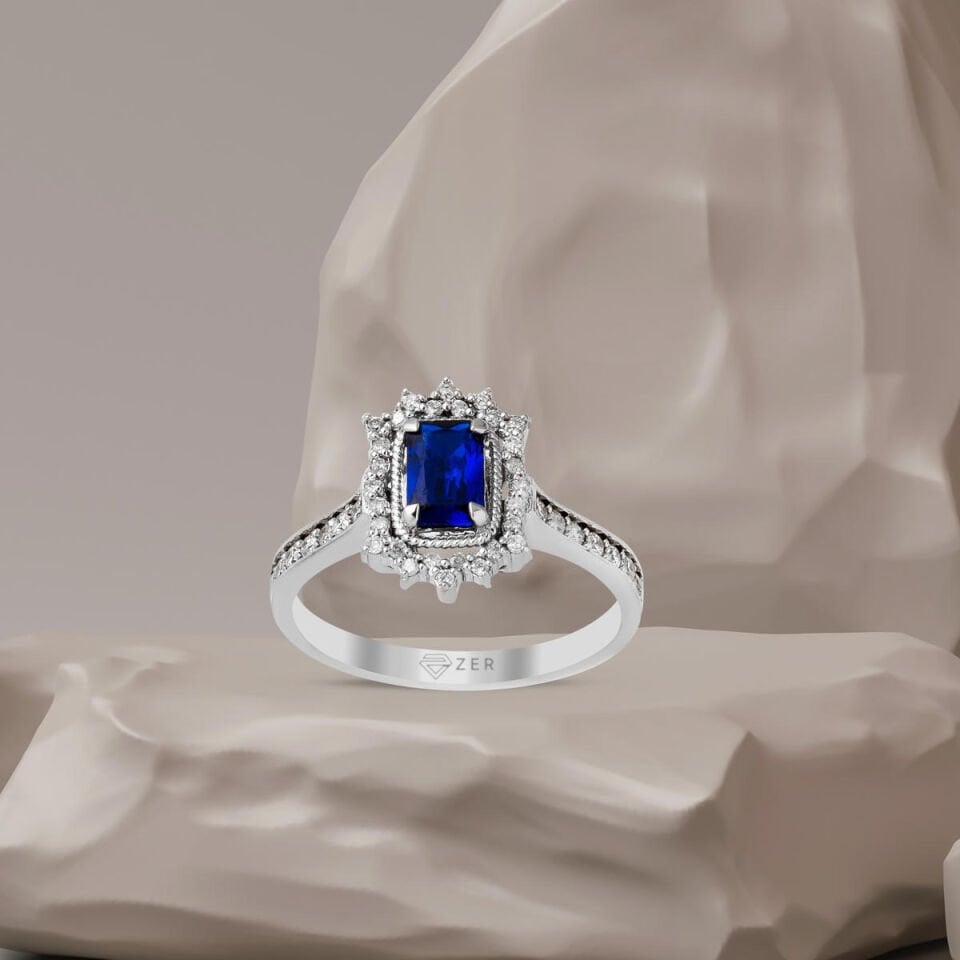 0,60 ct. - Safir ,0,40 ct. Pırlantalı 1 Karat Yüzük