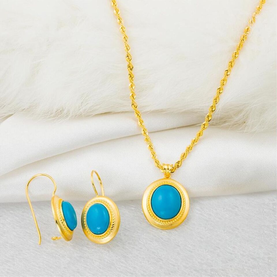 Firuze Taşlı Küpeli Kolyeli 14 Ayar Altın Set