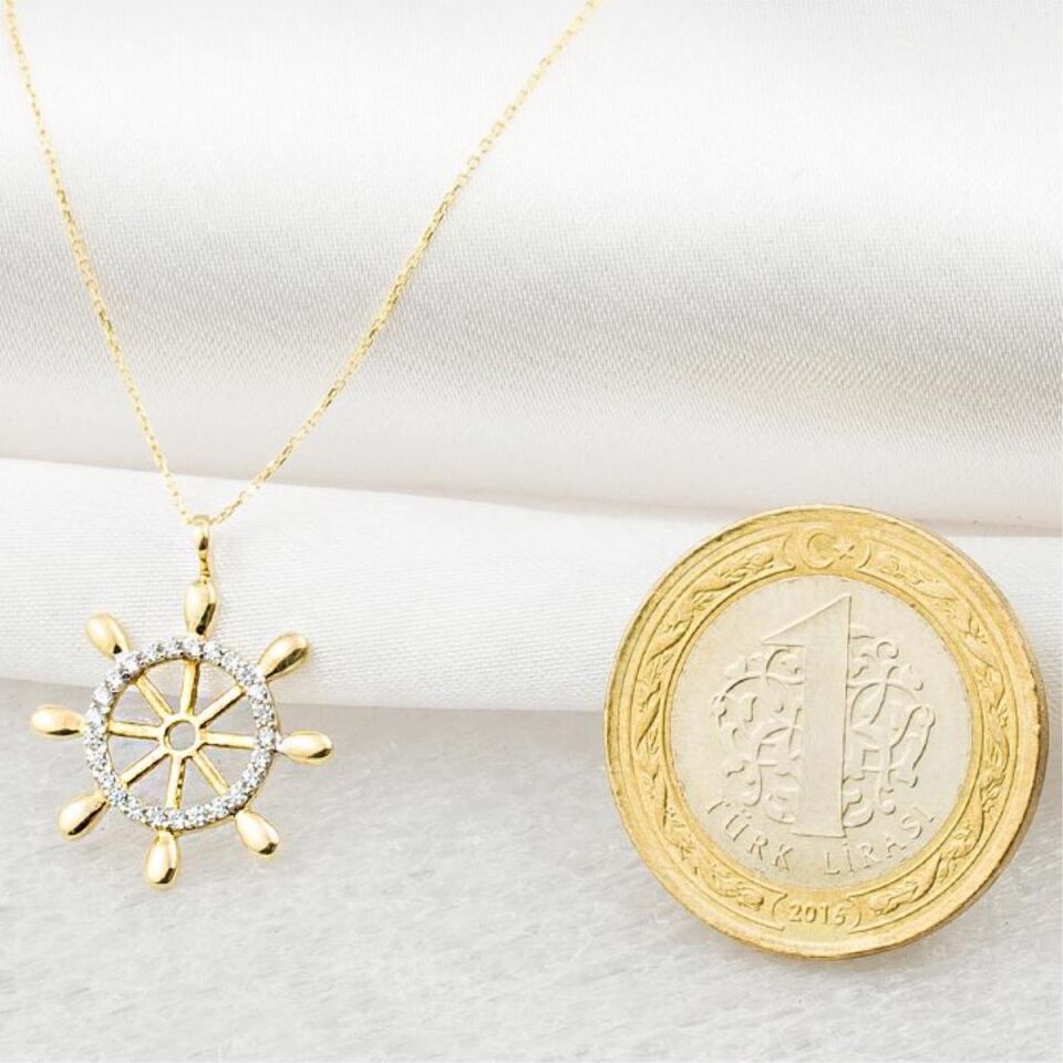 Gemi Dümeni Taşlı 14 Ayar Altın Kolye