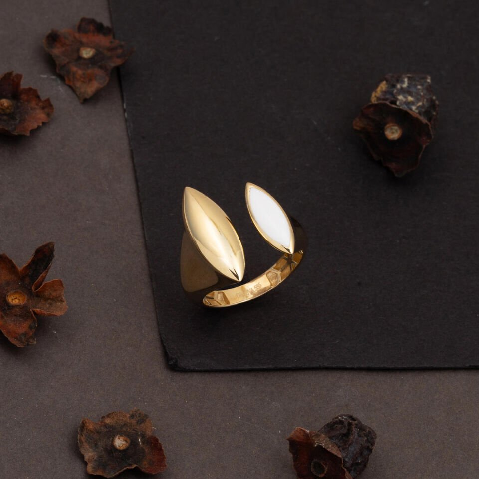 Beyaz Mineli 14 Ayar Altın Twin Yüzük