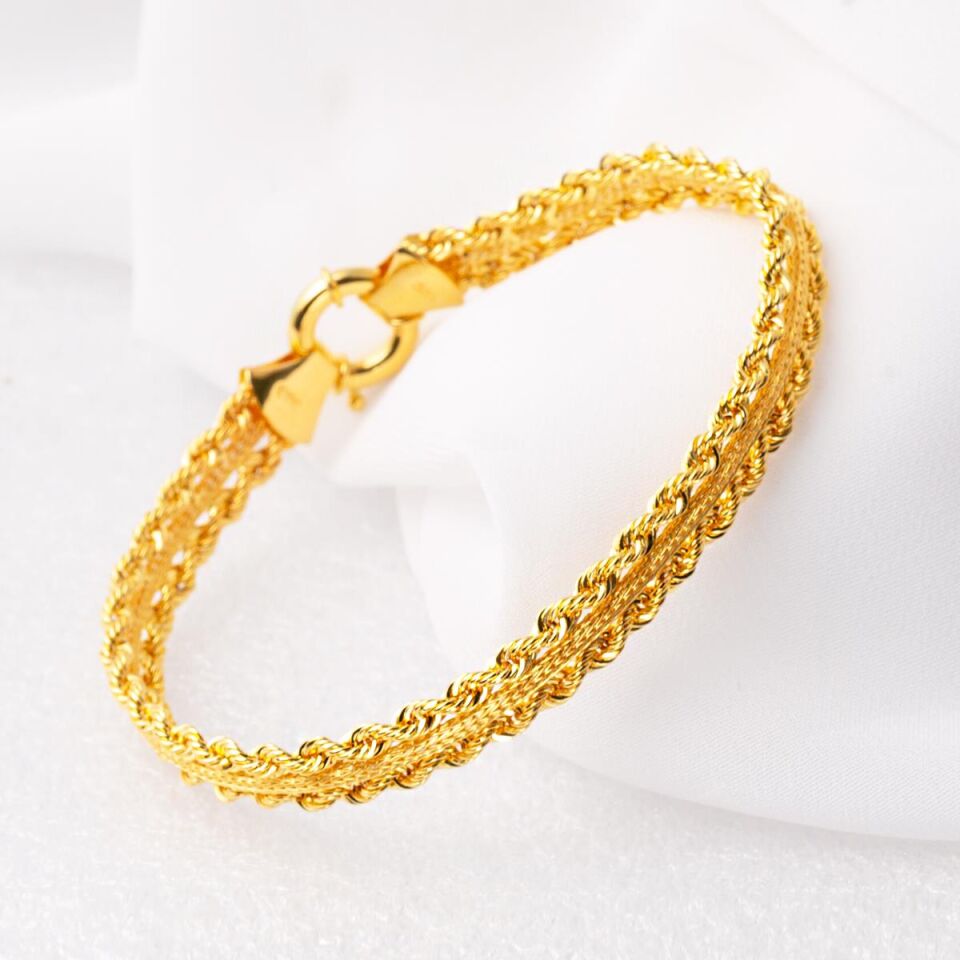 Çift Sıra Örgü Taşsız Altın Bileklik