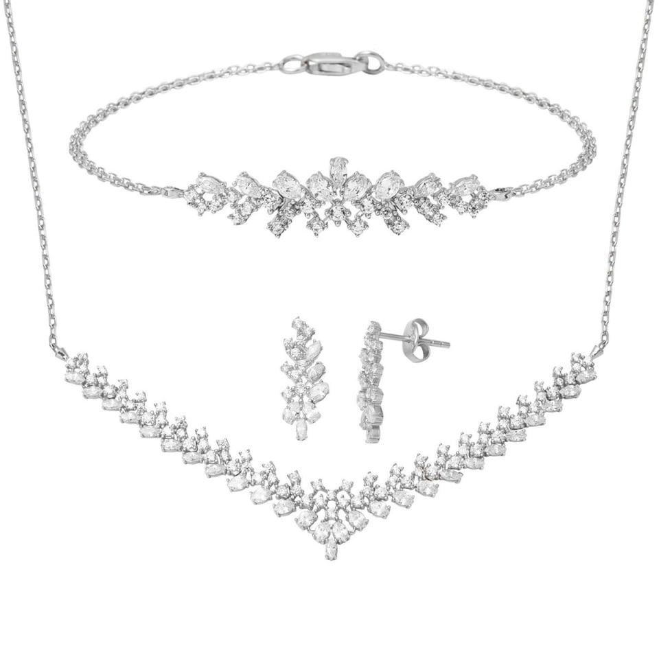 Modern Tasarım 14 Ayar Beyaz Altın Hanımeli Set