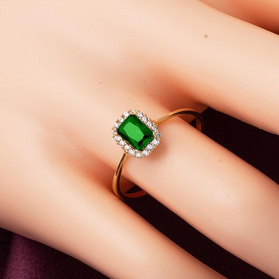 Yeşil Baget Taşlı Üçlü Altın Set