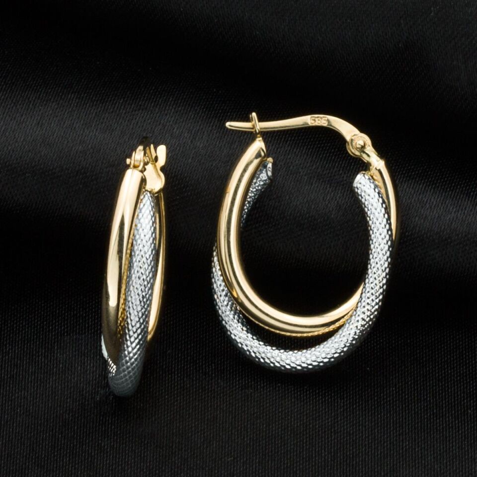 2 Renkli Oval 14 Ayar Altın Küpe