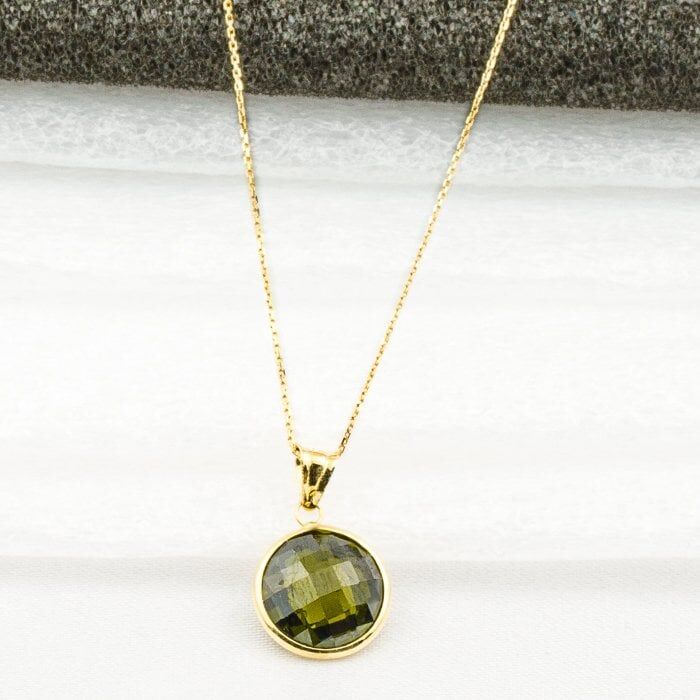 Yeşil Taşlı 14 Ayar Zincirli Altın Kolye