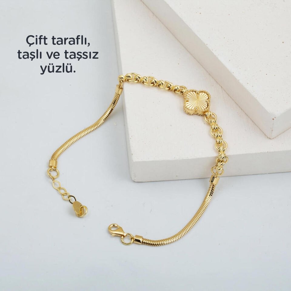 Zümrüt Sedefli Yonca Altın Bileklik 14 Ayar
