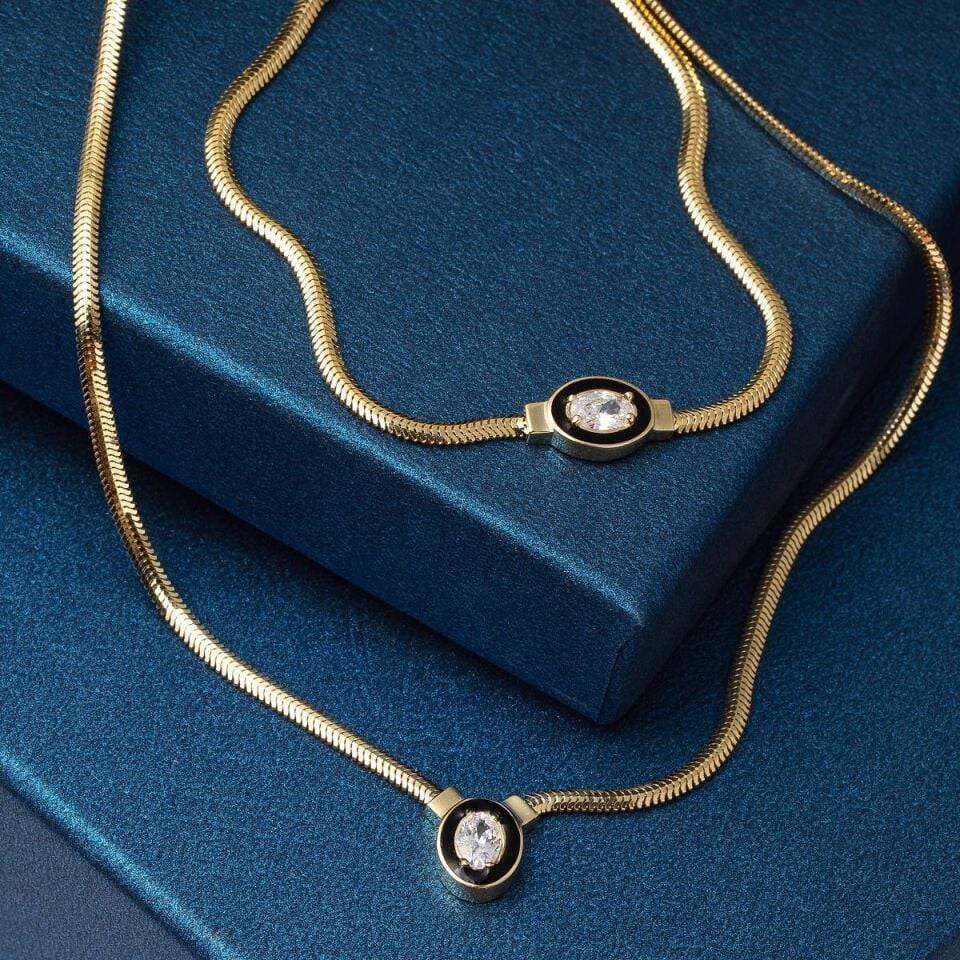 Şikel 14 Ayar Oval Taşlı Altın Set