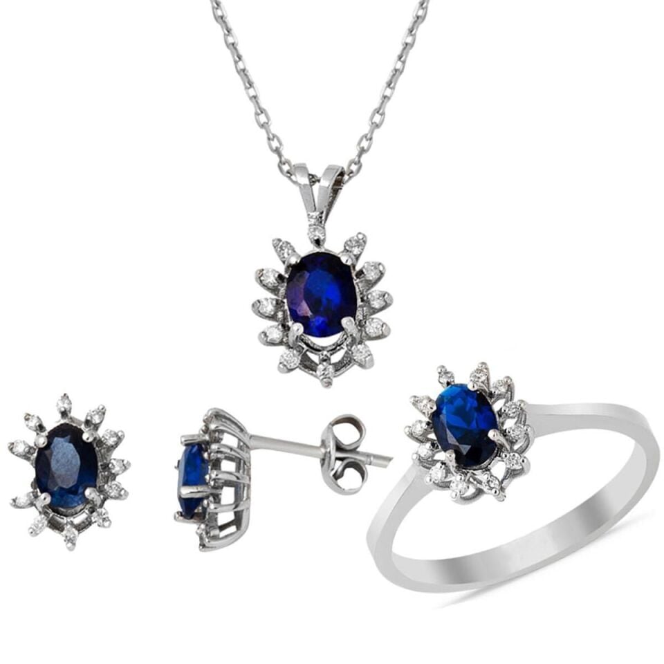 2 Karat Safirli Üçlü Pırlanta Set
