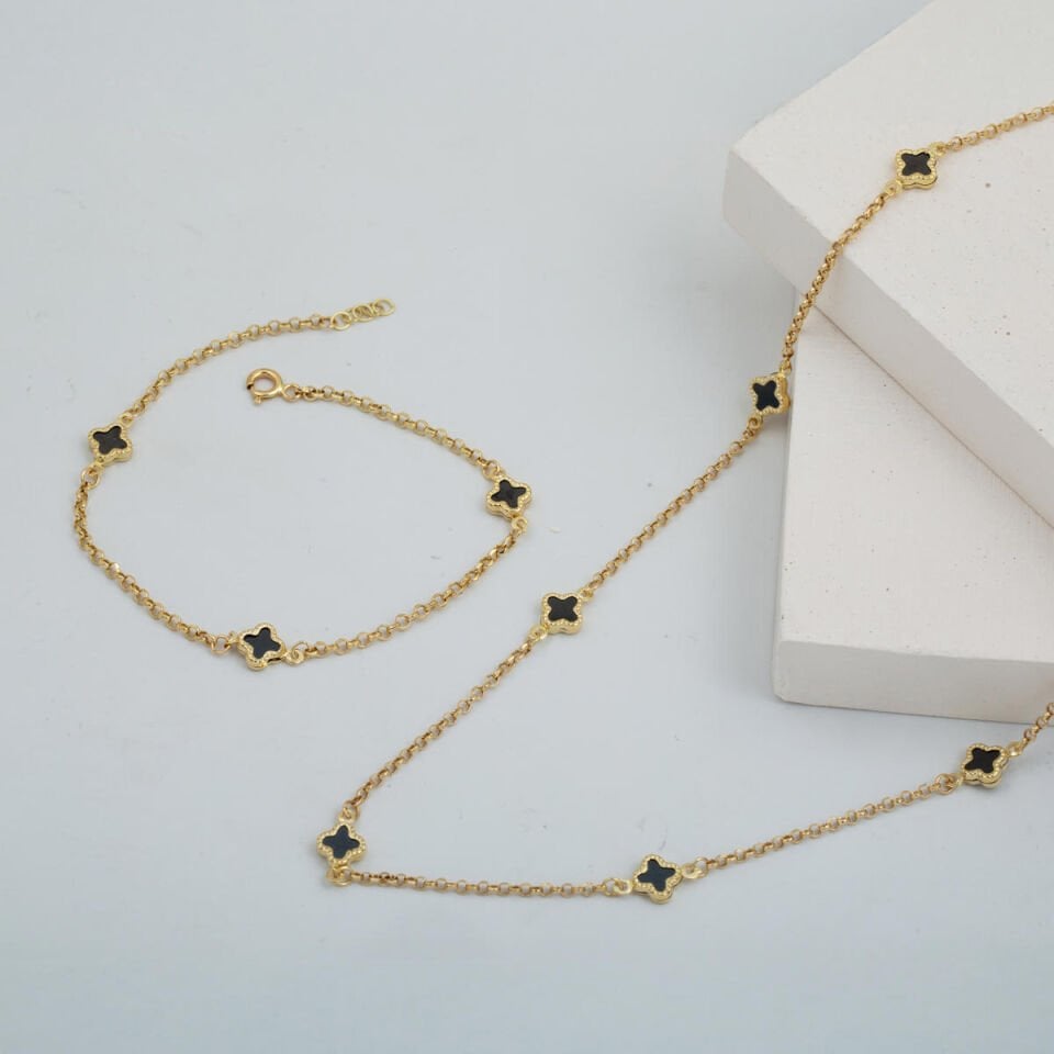 Oniks Taşlı Yonca 14 Ayar Altın Set Takımı