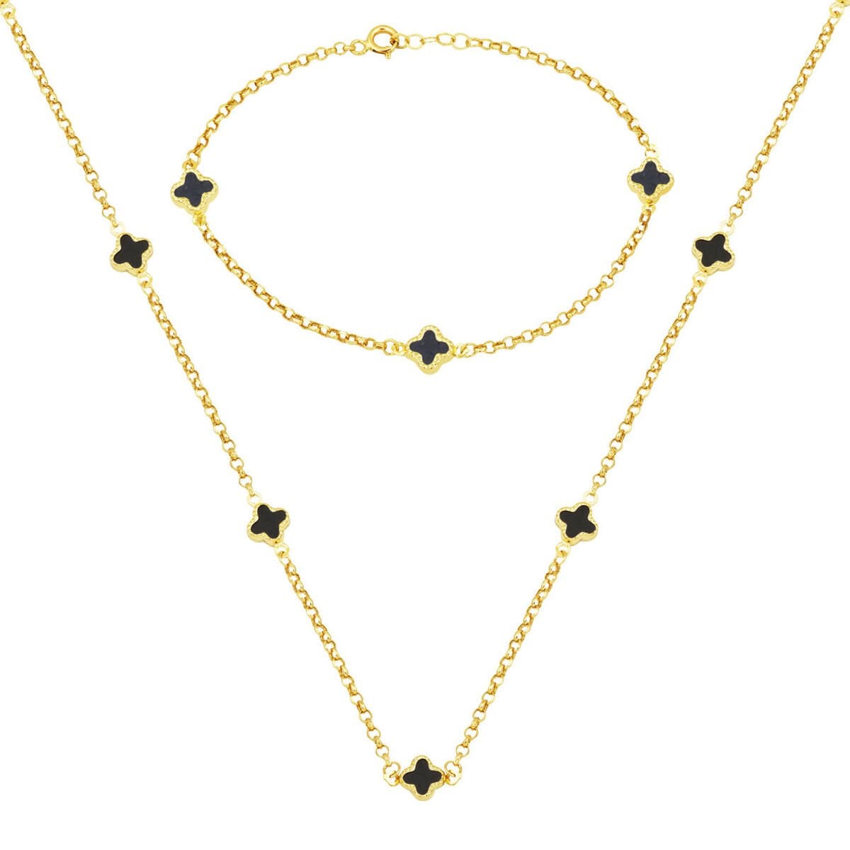 Oniks Taşlı Yonca 14 Ayar Altın Set Takımı