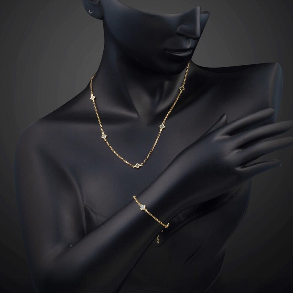 Zümrüt Yeşili Van Cleef 14 Ayar Kolye Bileklik Set