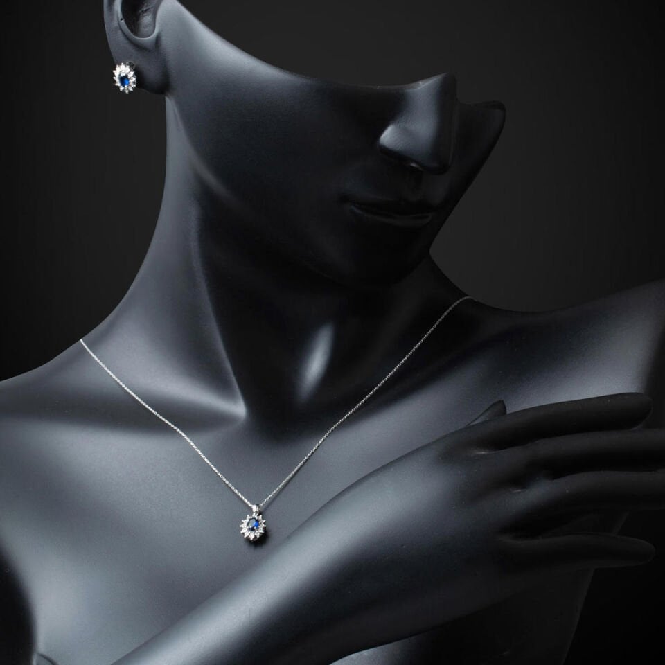 1,80 Karat Safir Küpe Kolye Pırlanta Set