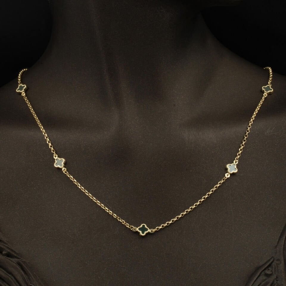 Zümrüt Yeşili Van Cleef 14 Ayar Kolye Bileklik Set