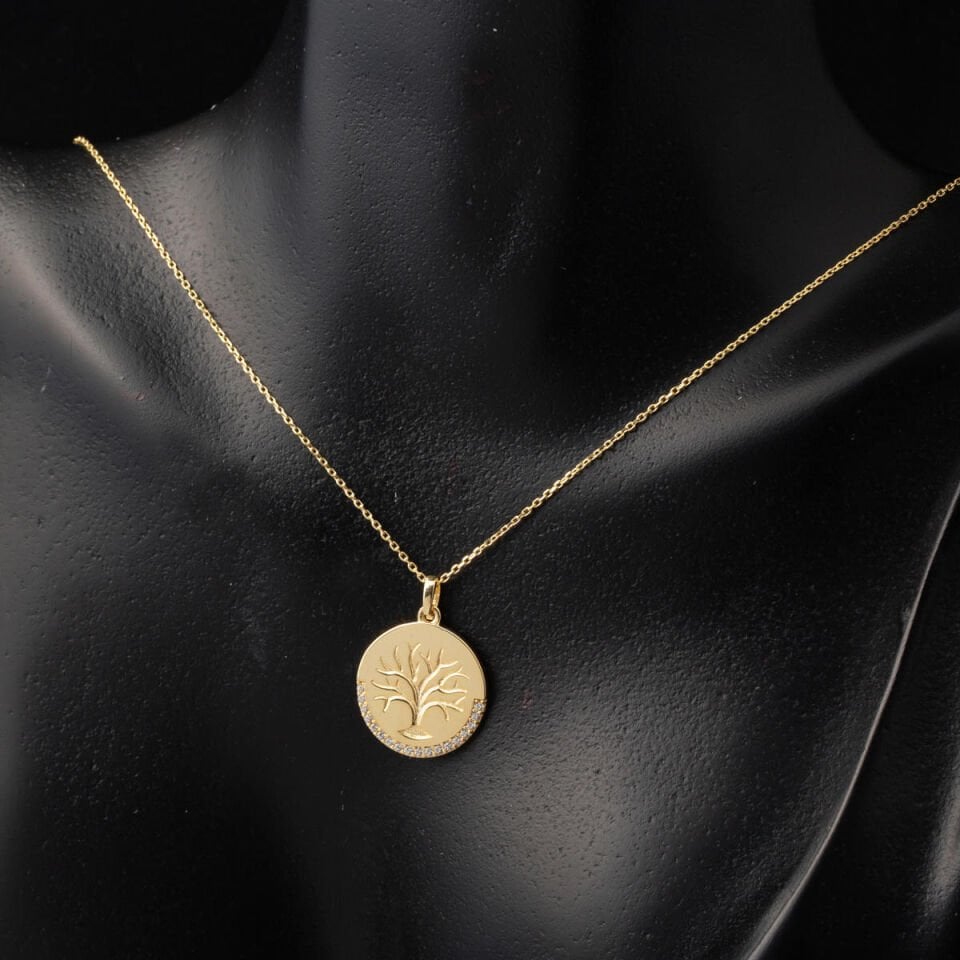 Yaşam Ağacı İşlemeli Plaka Altın Kolye