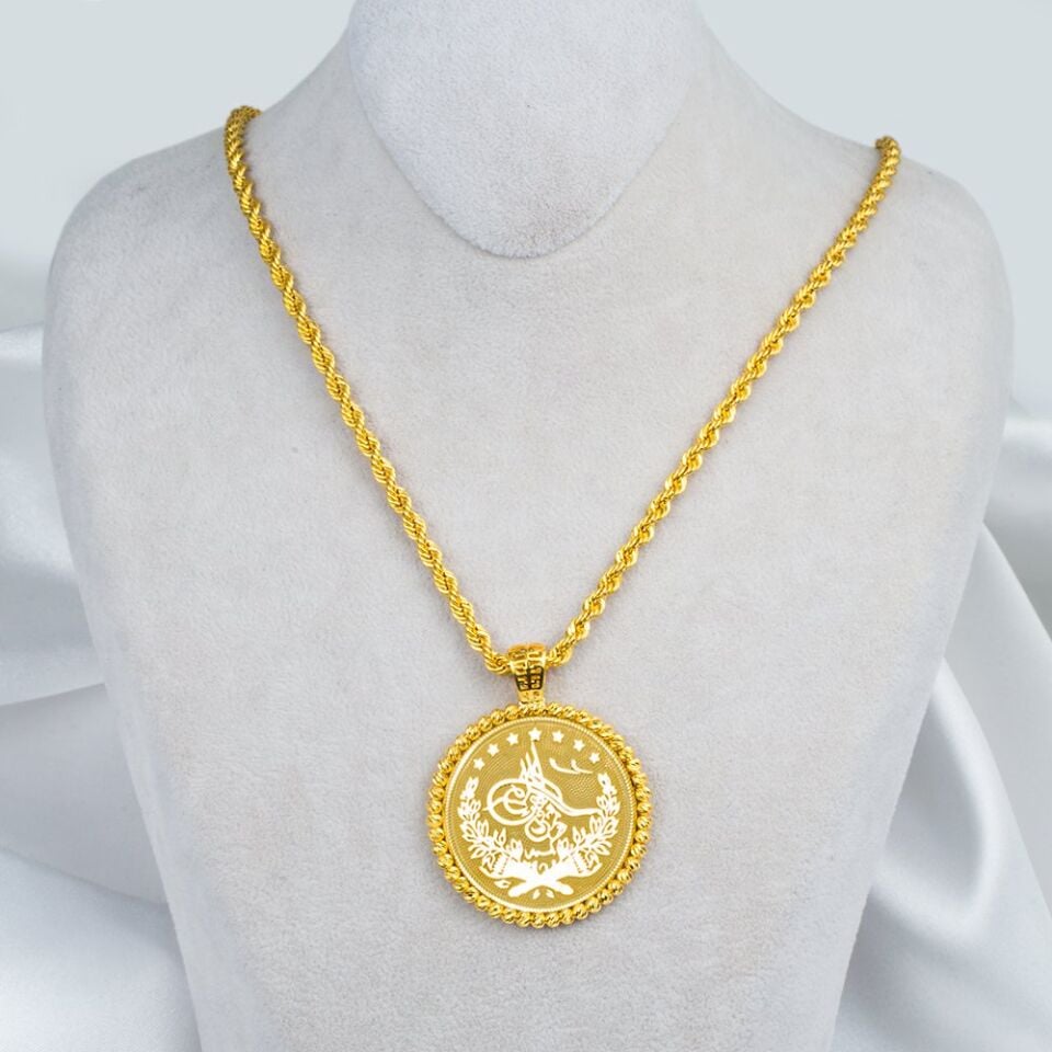 Top Altın Çerçeveli Taşsız Tuğralı Kolye