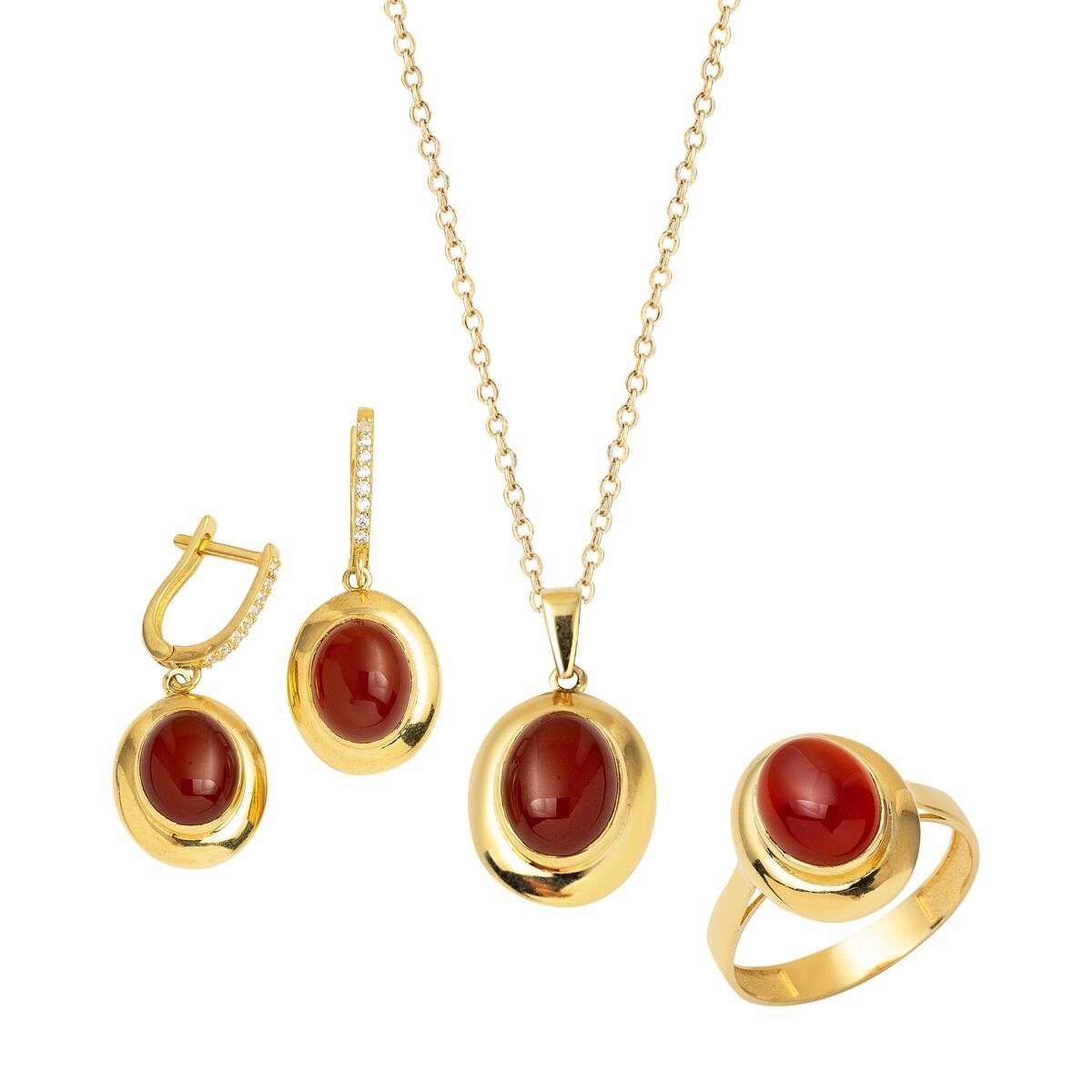 Akik Taşlı 14 Ayar Üçlü Altın Set