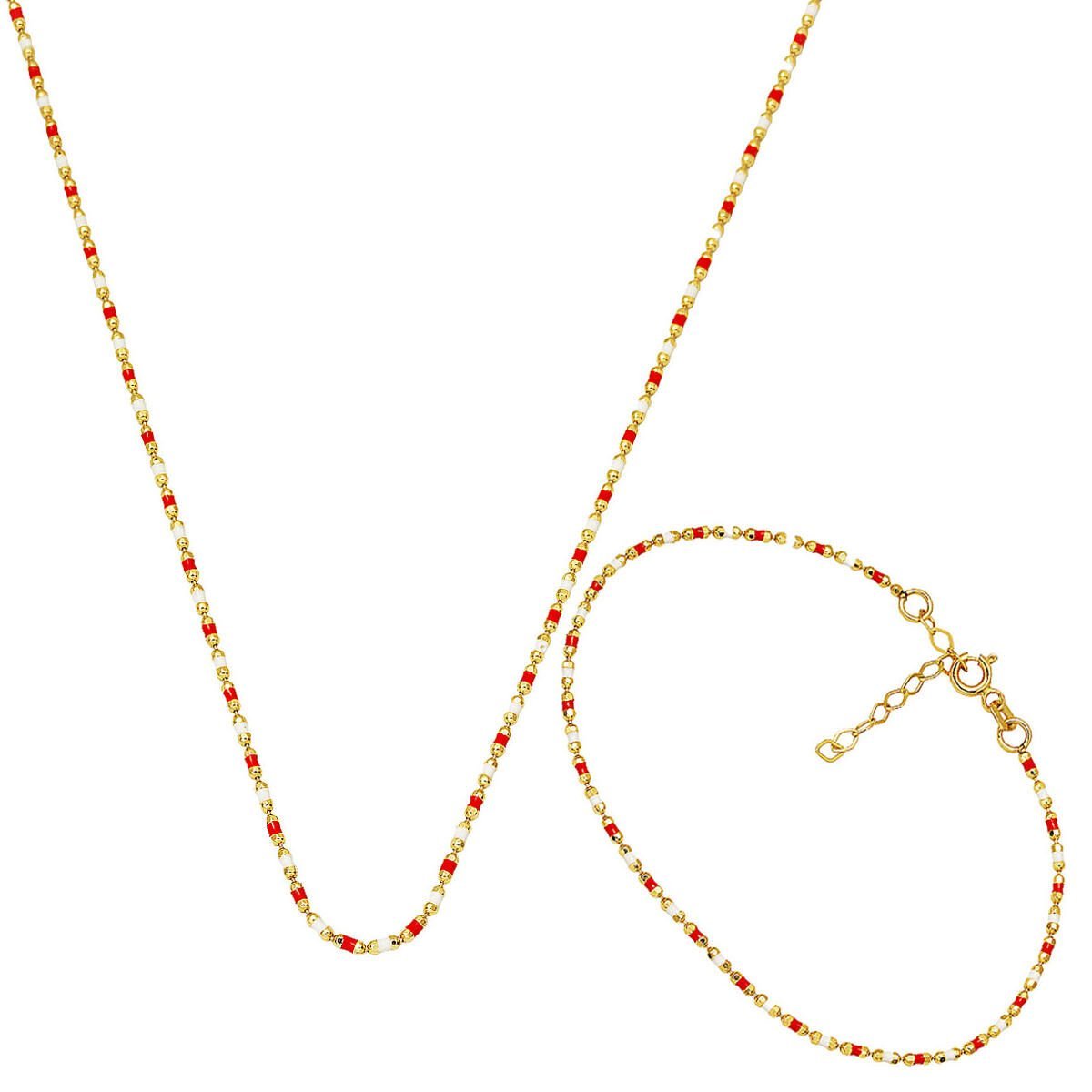 Kırmızı Mineli 14 Ayar Altın Zincir İkili Set