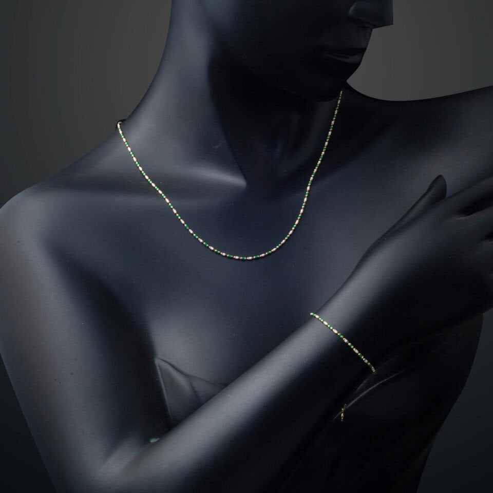 14 Ayar Altın Yeşil Mineli Kolye Bileklik Set