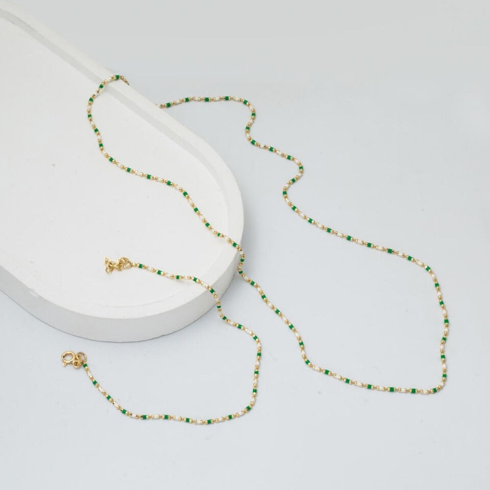 14 Ayar Altın Yeşil Mineli Kolye Bileklik Set