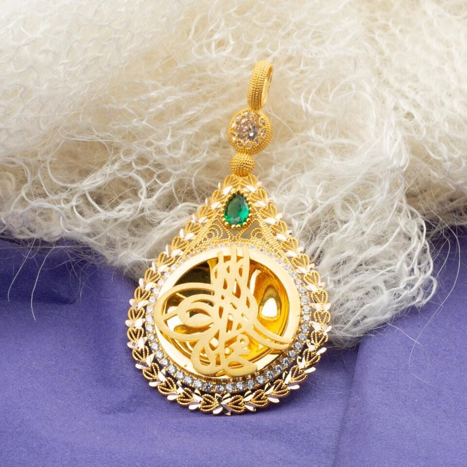 Damla Tuğra Yeşil Taşlı Altın Kolye Ucu